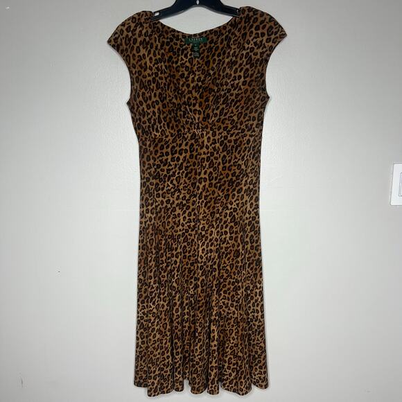 Ralph Lauren Animal Print Sheath Dress V-Neck Cap Sleeve Women's 6 Mob Wife - Picture 1 of 11